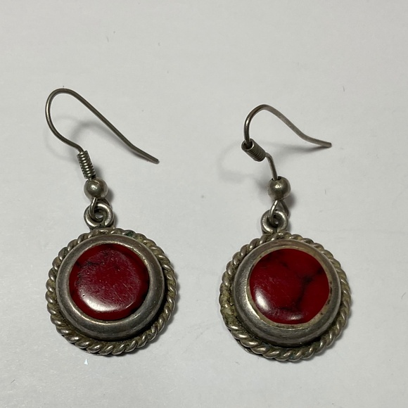 Sterling Silver Mexican Dangle Earrings with a Red Stone. 1 3/8 inches long - Picture 1 of 4